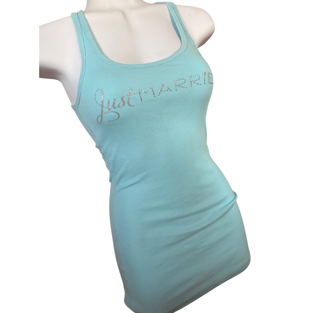 Y2K 2000s Bridal Victoria's Secret Just Married Rhinestone Tank Top Light Blue